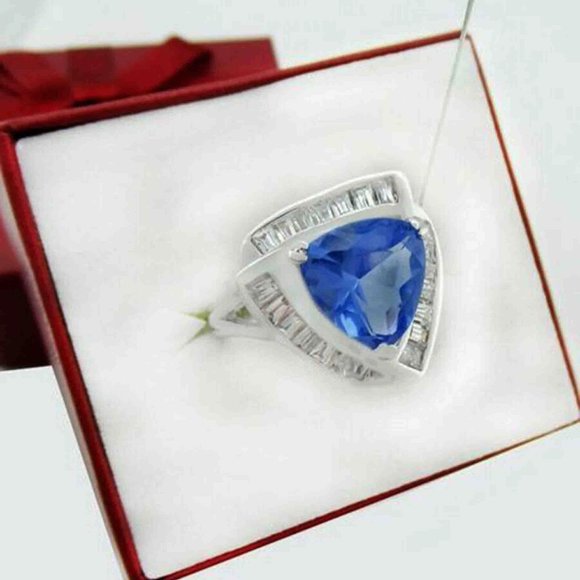 Lab Created Tanzanite 6.72 Cts & White Sapphires Ring Silver Plated - Picture 3 of 4